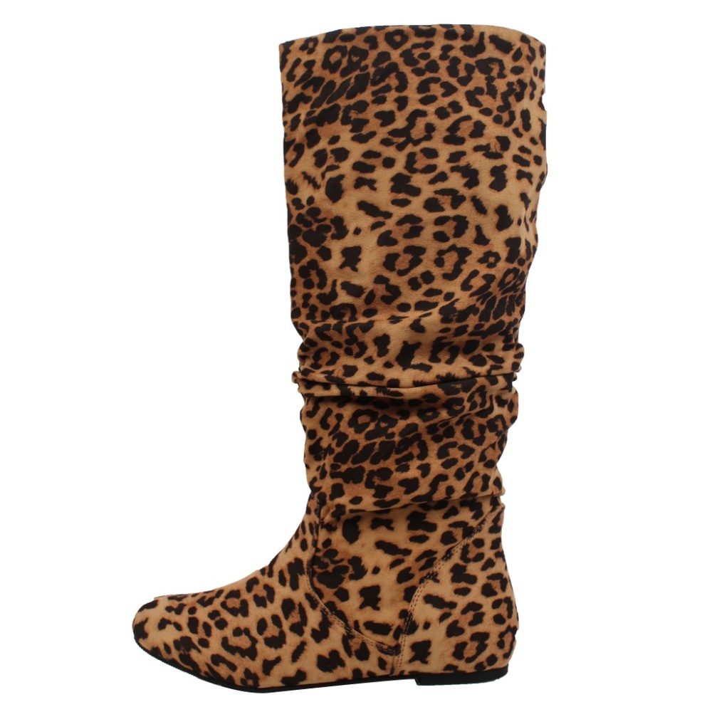 Cheetah Faux Suede Slouchy Knee High Flat Boot